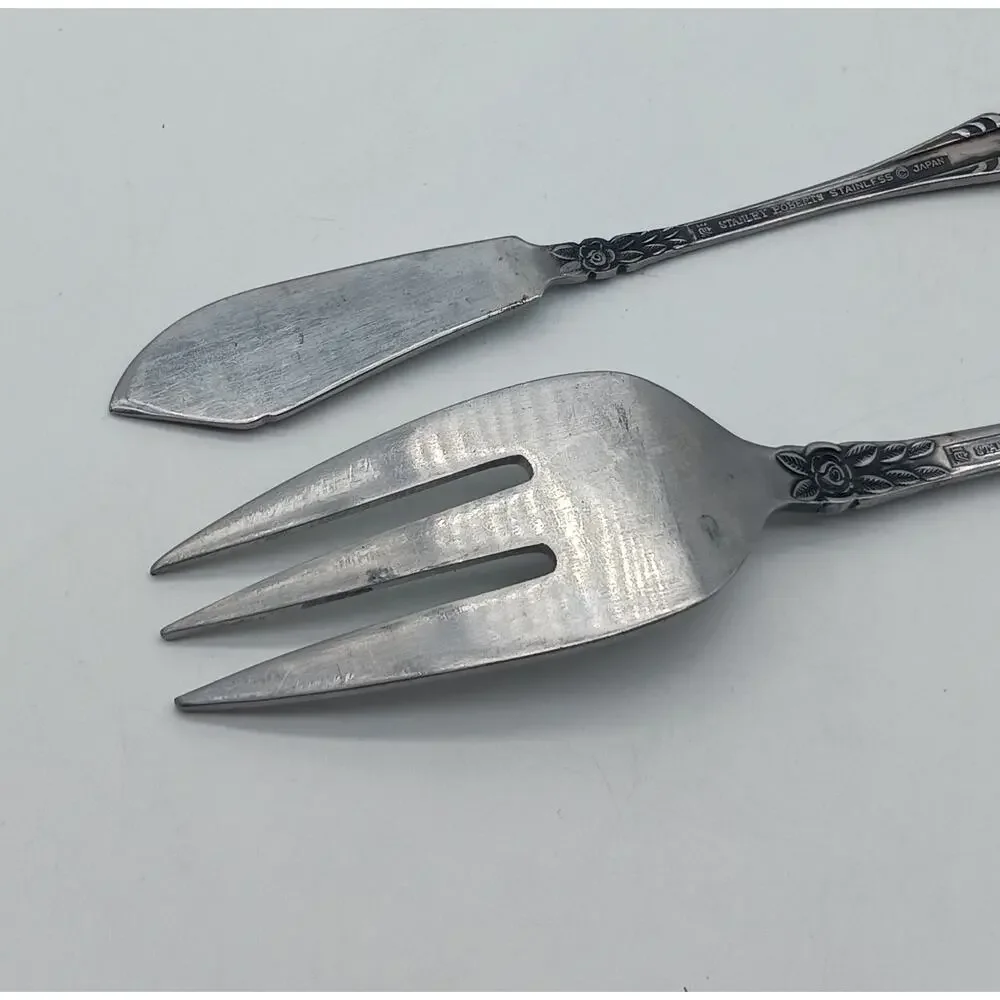 Vtg Stanley Roberts Cold Meat Serving Fork Master Butter Knife SRB10 Roses MCM